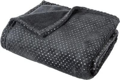 A folded gray blanket with silver polka dots.