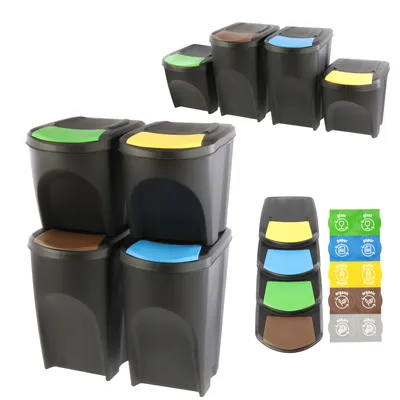 Image de Poubelle- Set de 4 poubelles 120 L Système de tri des déchets - Set de 2x35 L + 2x25 L poubelles en noir à empiler Compact modulaire et lumière Tri facile des déchets ménagers plastique