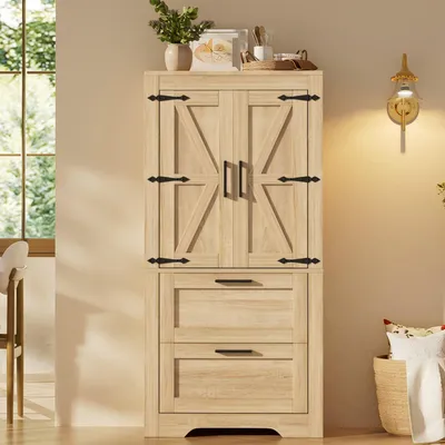 Produktbild von Merax Hochschrank Küchenschrank mit Scheunentür Design, Landhausstil Vitrine mit 2 Schubladen, verstellbare Einlegeböden, Esszimmer Wohnzimmer,Natur