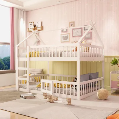 Obrázek produktu pro Dětská patrová postel 140 x 200 cm, rodinná postel pro děti, patrová postel se schody, design vysoké postele, rám patrové postele z masivního dřeva, bílá