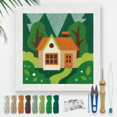 Produktbild von Punch Needle Stickset Waldhütte 24cm Bastelset für Anfänger mit Rahmen Garn Nadel