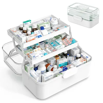 Produktbild von Relaxdays Medizinbox, 3 Ebenen, Pillenfach, aufklappbar, Hausapotheke Box, Kunststoff, HxBxT: 17 x 28,5 x 15,5 cm, weiß
