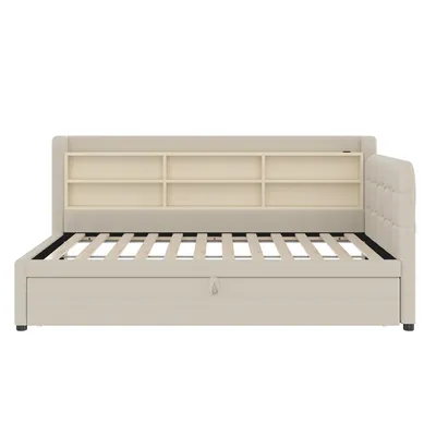 Produktbild von Tagesbett 90x200 cm ausziehbar auf 180x200 cm – Daybett in Beige, Leinen-Bezug, USB + Typ C, Ablageflächen, Lattenrost, 207x101,5x83,5 cm, multifunktional