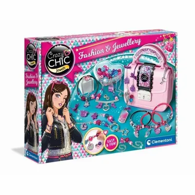 A product box for a jewelry making kit, featuring illustrations of a girl and the contents of the kit.