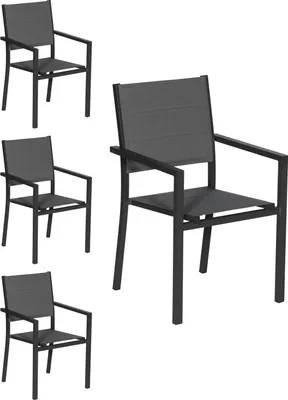 Produktbild von 4er Set gepolsterten Stühlen aus anthrazitfarbenem Aluminium - graues Textilene