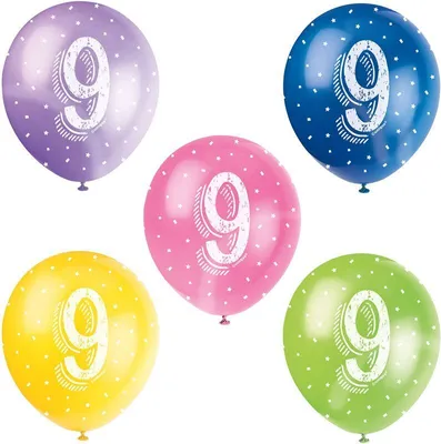 Produktbild von 5 bunte Zahl 9 Latexballons 30cm