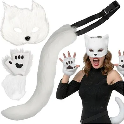 Imagen del producto de Conjunto de 4 piezas de disfraz de gato/zorro, color blanco, con cola ajustable