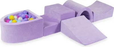 Produktbild von Schaumstoff-Spielset mit Brücke und Mikro-Bällepool – Samtig weiches Lila + 100 Bällebadbälle / Rosa, Heidekraut, Gelb, Babyblau, Meerjungfraueneffekt