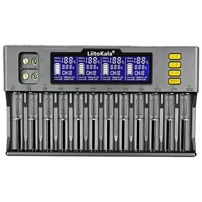 Produktbild von Akku Ladegerät für AA, AAA & 9V | Schnellladegerät mit LCD Display | 12 Schacht | NiMH, NiCd | Universal Batterielader | Retoo