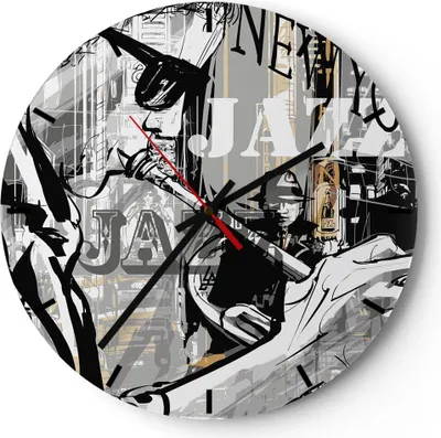 Produktbild von Wanduhr - Rund - Glasuhr - Jazz Musik Musiker - 40x40cm - Schleichendes Uhrwerk - Lautlos - zum Aufhängen bereit - Dekoration Modern - Wanddekoration aus Glas - C3AR40x40-3792