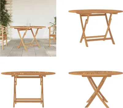 A collage of four images showing a wooden folding garden table from different angles.