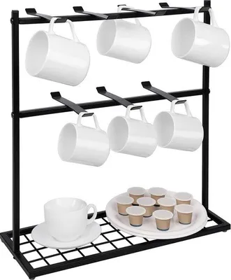 Image de Porte-tasses mural avec étagère - 40 x 15 x 41 cm - Support à tasses avec 14 crochets - Organisateur métallique à 2 niveaux pour la cuisine