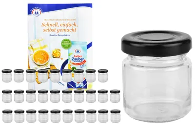 Image de 28 pcs. verre renversé 53 ml To 43 couvercle noir bocaux à provisions bocaux ronds y compris livret de recettes
