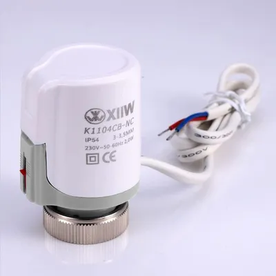 A close-up studio shot of a white and gray thermostatic radiator valve actuator with a silver threaded base and a white wire with red and blue conductors.