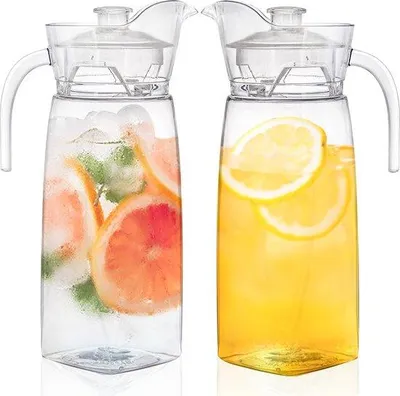 Produktbild von Unyqoos® 2er-Set Acrylkanne 1,3 l, transparent & bruchsicher – mit Deckel & Ausguss, BPA- und bleifrei, hitzebeständig, 11,5×24,5 cm, für Saft & Eistee