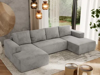 Produktbild von MKS MEBLE Sofa mit Schlaffunktion - Ecksofa mit Schlaffunktion und Bettkasten - Sofa 5 Sitzer - Schlafsofa - Couch - Schlafsofa mit Bettkasten - Trentino U - Hellgrau Velvet