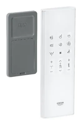A white remote control and a gray wall mount for a toilet are shown against a white background.