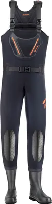 A pair of black waders with orange accents, shown front-on against a white background.