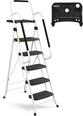 Immagine prodotto di Robusto supporto per trapezio in acciaio con 5 gradini e maniglie - Pedale antiscivolo - Trapezi a incastro leggeri