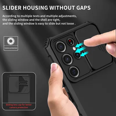 A hand is shown sliding a camera cover on a black phone case.