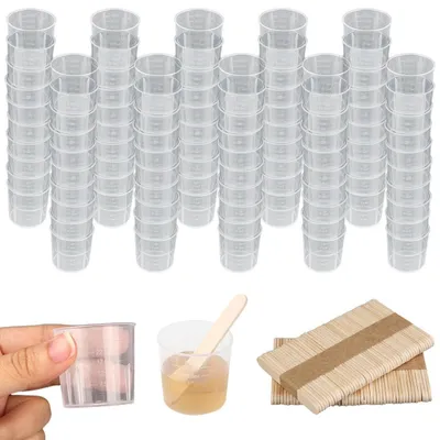 Image de Ensemble de 100 béchers de 30 ml, transparents, avec 100 bâtonnets en bois, pour résine, peinture, époxy