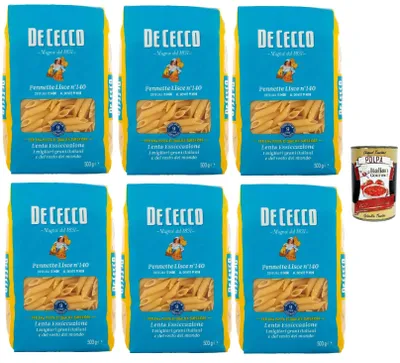 Produktbild von De Cecco Pennette Lisce Nr. 140 - Pasta 6x500g | Langsam trocknend | Hochwertiges Hartweizengrieß | 11 min kochen (al dente 9) | Ideal Tomatensaucen & Pesto + Italian Gourmet Polpa 400g