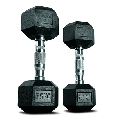 Produktbild von Matchu Sports Hantel Hexagon Set | 2 x 7,5 kg aus Gummi Ergonomische Verchromte Griffe | Dumbbell Set Kurzhantel Set Hanteln Kurzhanteln