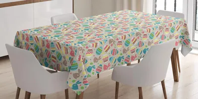 Obrázek produktu pro ABAKUHAUS Velikonoční ubrus, karikaturní styl, sváteční motiv, cikcaky a vlny s králíčky a puntíky, 140 x 170 cm, vícebarevný