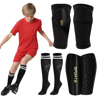 Produktbild von Schienbeinschoner Kinder - Dreiteiliges Set - Fixierhülse - Fußballsocken - EVA-Dämpfung - Atmungsaktiv und Elastisch - Fußballschienbeinschoner