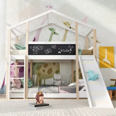 Productafbeelding van AIORBER Stapelbed met glijbaan en ladder, in de vorm van een boomhuis, met lattenbodem, volledige valbeveiliging, veel opbergruimte, 96 x 207 x 205 cm, wit