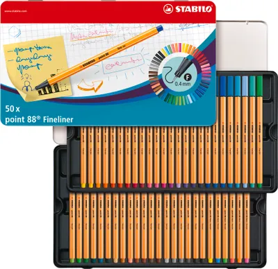 Produktbild von Fineliner - STABILO point 88 - 50er Metalletui - mit 47 verschiedenen Farben - 2x blau, rot, schwarz