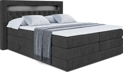 Produktbild von ALTDECOR Boxspringbett mit H3 Matratze-Bonellfederung, H4 Multipocket-Matratze (18 cm hoch) PUR, Topper (4 cm hoch), Polsterbett mit Kopfteil, Bettkasten und LED-Beleuchtung - NOEL GOLD KING -200x200 - Schwarz Samt