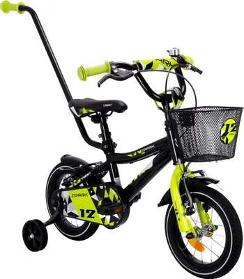 Produktbild von Kinderfahrrad - 12 Zoll - Schwarz und Gelb - für 2-4 Jahre - mit Dual-Pivot-Vorderradbremse - mit Gepäckträger - Jugendfahrrad