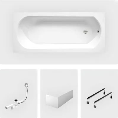 Produktbild von Rechteckige Badewanne - 150 x 75 cm - mit weißer Frontschürze - Füße - Chromablauf - INTRICA