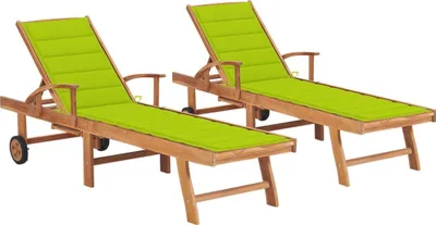 Produktbild von Sonnenliegen 2 Stk. mit Auflagen Hellgrün Massivholz Teak