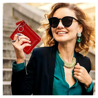 Produktbild von Kartenhalter für Damen, kleine Geldbörse aus Polyurethanmit Vordertasche, modisches Design in Rot