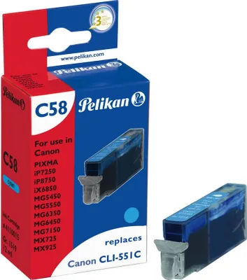 Produktbild von Pelikan C58 - Cyan - Tintenpatrone (entspricht: Canon CLI-551C ) - für Canon PIXMA iP8750, iX6850, MG5550, MG5650, MG5655, MG6450, MG6650, MG7150, MG7550, MX725