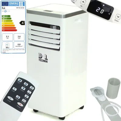A white portable air conditioner with a remote control and an energy efficiency label.