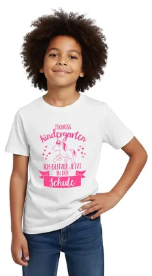 Produktbild von Spreadshirt Einschulung Einhorn Tschüss Kindergarten Kinder T-Shirt, 110/116 (5-6 Jahre), Weiß