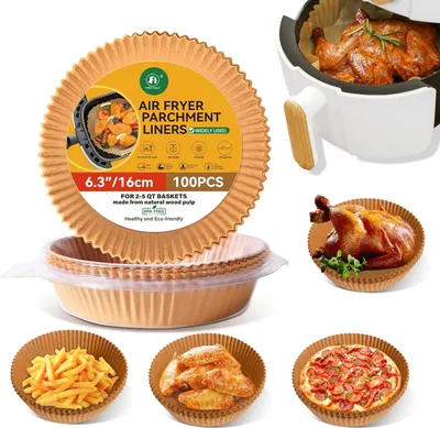Produktbild von 100 Stück Backpapier für Heißluftfritteuse, Rund 16cm BPA-Free Airfryer Backpapier Paper für Heißluftfritteuse Mikrowelle Bratpfanne