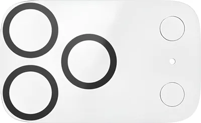 A white camera lens protector with three large black rings and two smaller black rings, and a small dot in the center.