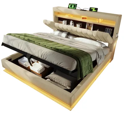 Produktbild von Polsterbett 140x190 cm Beige aus Leinen mit LED, USB-/Typ-C-Anschluss und Hydraulik-Stauraum, ohne Matratze