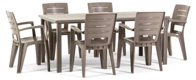 Image de Ensemble composé d'une table et de 6 chaises de jardin, table rectangulaire 180 x 90 cm, structure en fer et chaises en plastique avec accoudoirs, empilables - Thomas+Anita/Taupe