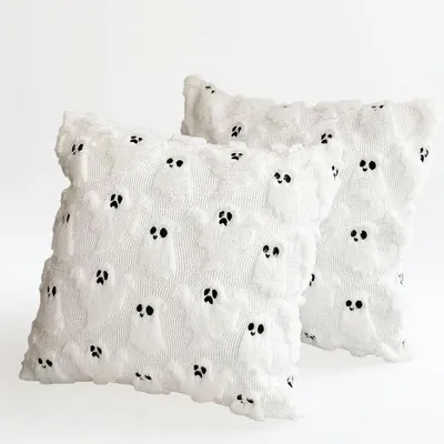 Productafbeelding van 2 kussenslopen, Halloween-thema, 45x45 cm, wit, met spookjes, pluche, herfstdecoratie