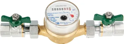 Produktbild von Einstrahlzähler ETK Kombi-Set (Kaltwasser) bis 30 Grad Länge 110 mm, inkl. Kugelhähne grün 1/2 Zoll