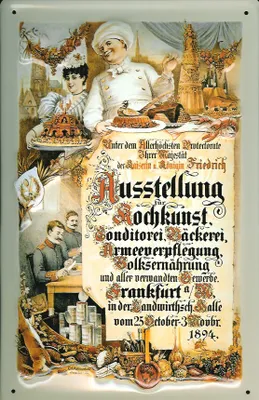 Produktbild von Blechschild Kochkunst Ausstellung Frankfurt 1894 Volksernährung Schild