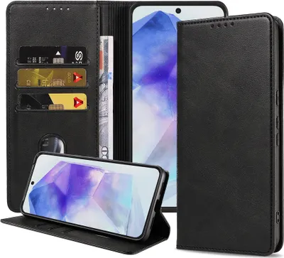 Zdjęcie produktu dla Etui na telefon Smartphonica pasujące do Samsung Galaxy A55 ze sztucznej skóry z magnetycznym zapięciem i etui na karty z klapką - czarne