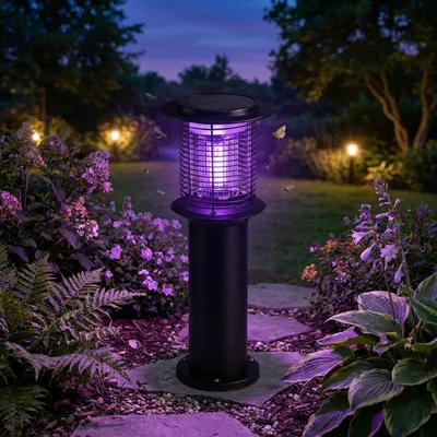 Produktbild von Solar Gartenlampe mit Mückenvernichter aus Edelstahl, 2in1 LED Wegeleuchte Schwarz, Warmweiss 300lm & UV Insektenschutz 15lm, IP44, 25 x 60 cm
