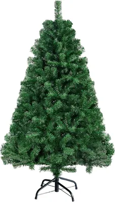 A green artificial Christmas tree with a black stand, isolated on a white background.