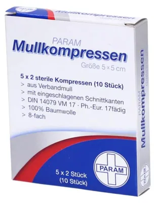 Zdjęcie produktu dla PARAM Kompresy z gazy 5 cm x 5 cm, sterylne, 8-warstwowe, 10 sztuk
